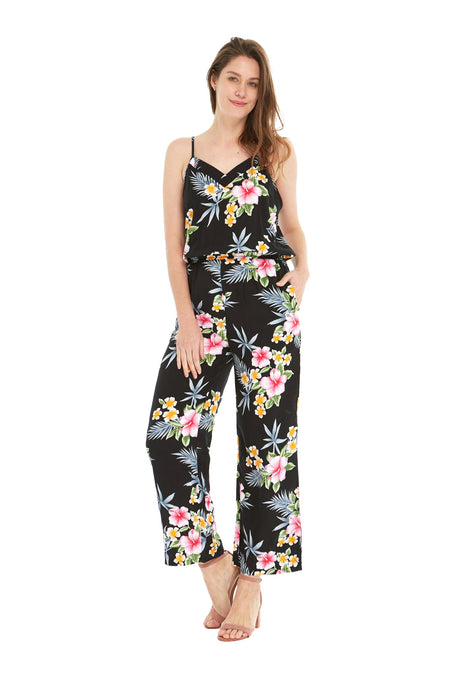 Women's Strap V with Pockets Jumpsuit in Hibiscus Black