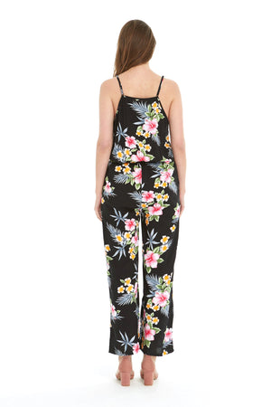 Women's Strap V with Pockets Jumpsuit in Hibiscus Black