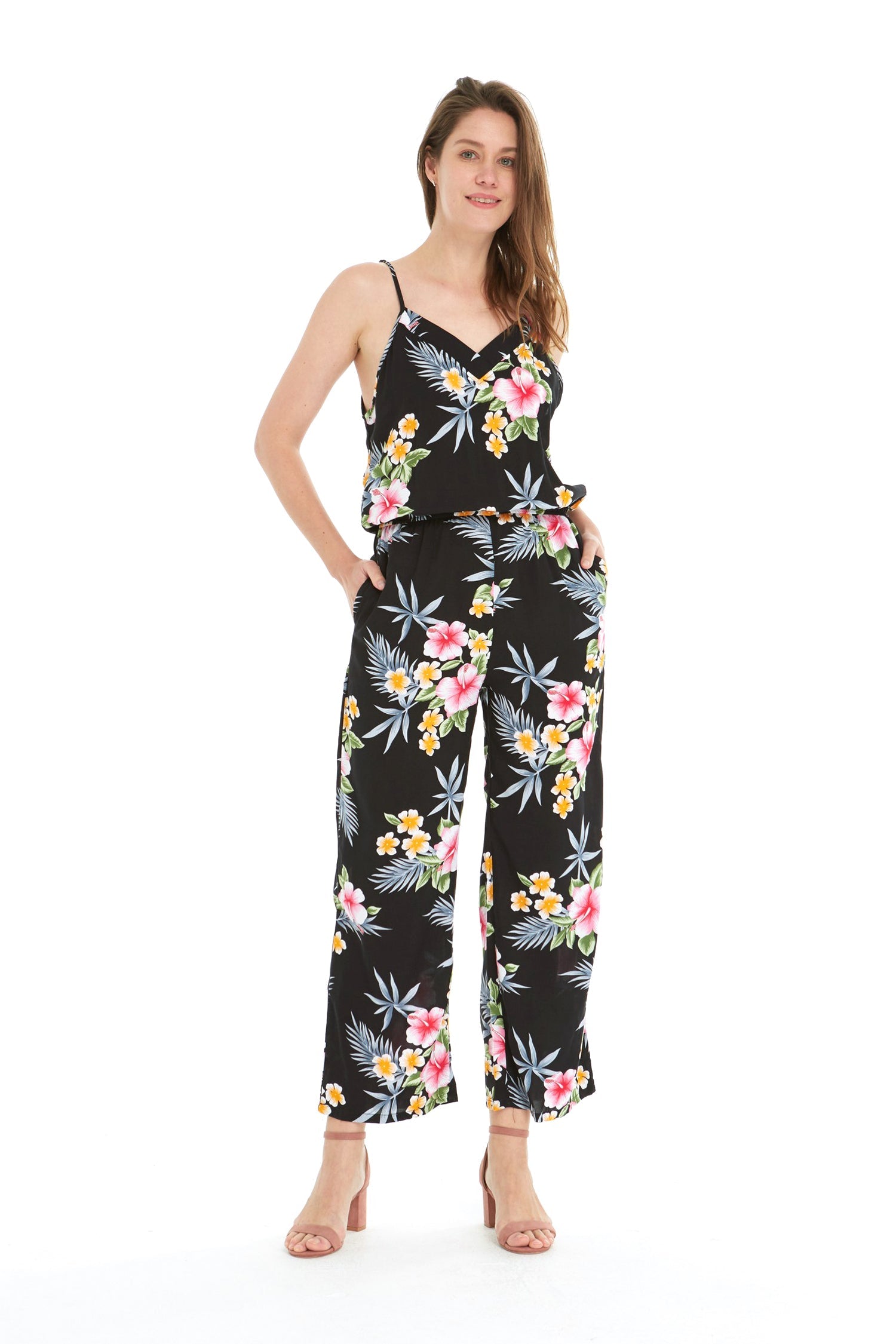 Women's Strap V with Pockets Jumpsuit in Hibiscus Black