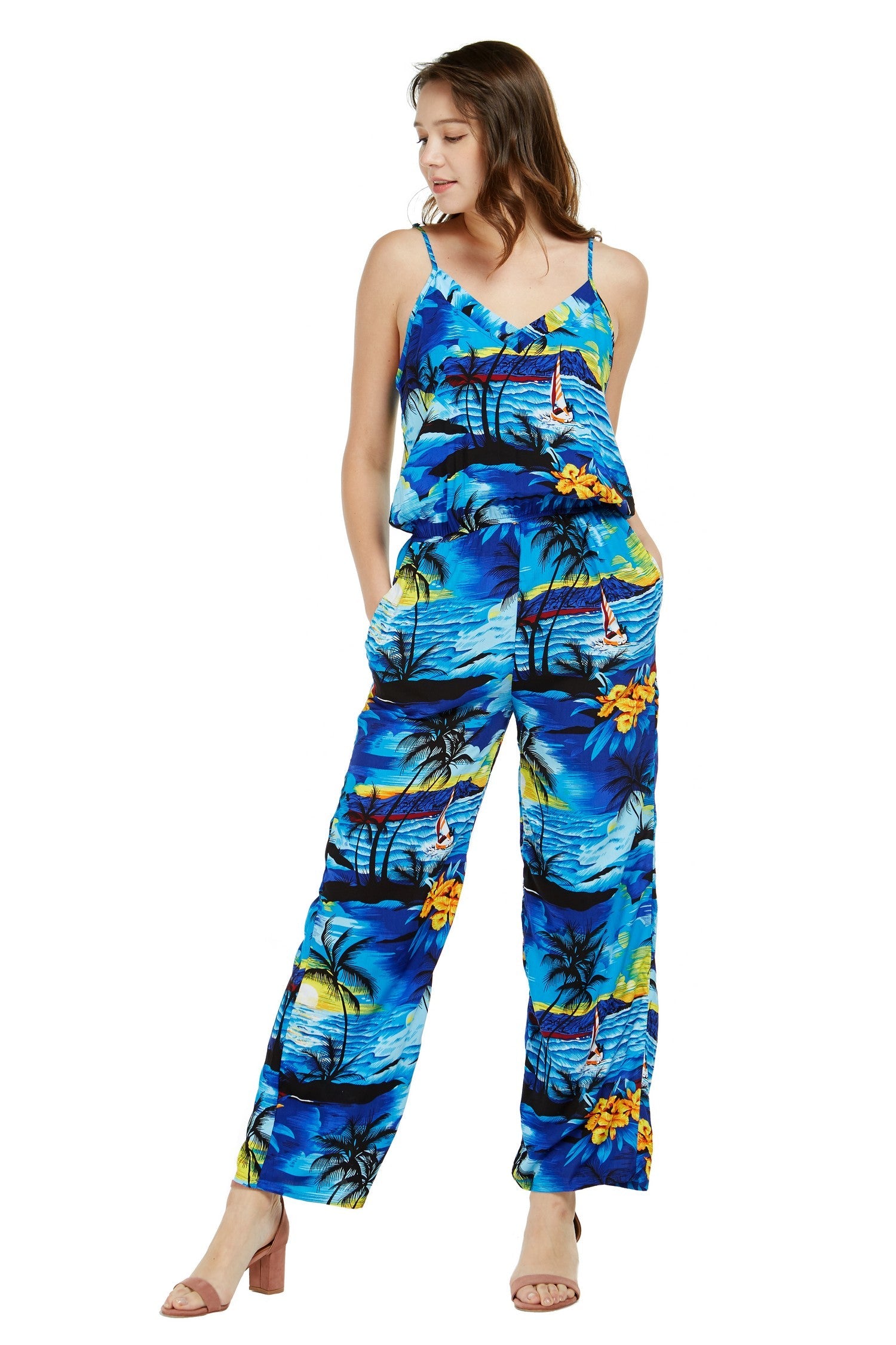 Women's Strap V with Pockets Jumpsuit  in Sunset Blue