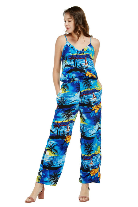 Women's Strap V with Pockets Jumpsuit  in Sunset Blue