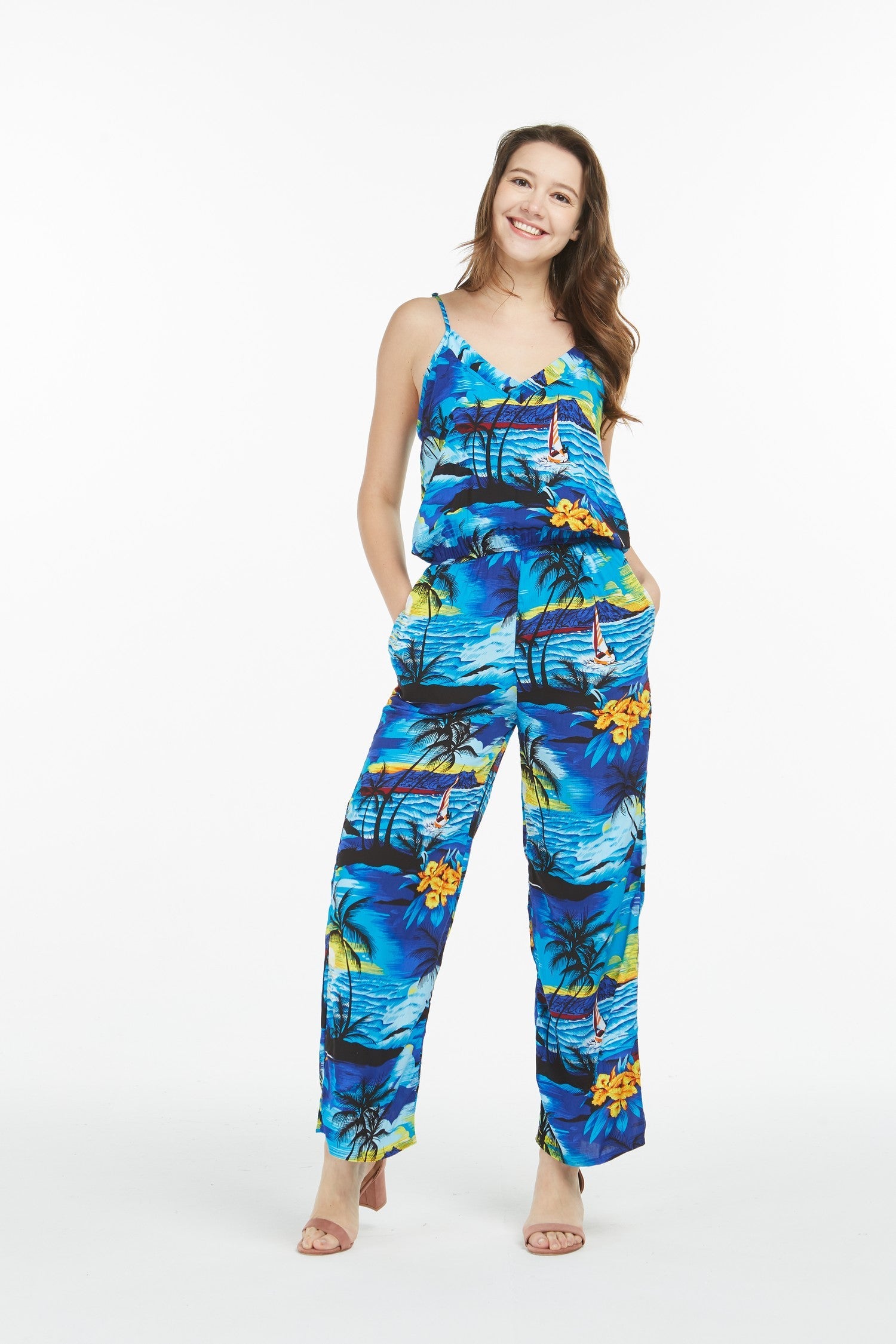 Women's Strap V with Pockets Jumpsuit  in Sunset Blue