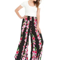 Women's High Slit Wide Leg Palazzo Pants in Pink Hibiscus Vine Black