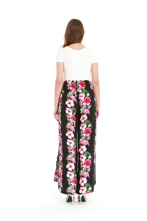 Women's High Slit Wide Leg Palazzo Pants in Pink Hibiscus Vine Black
