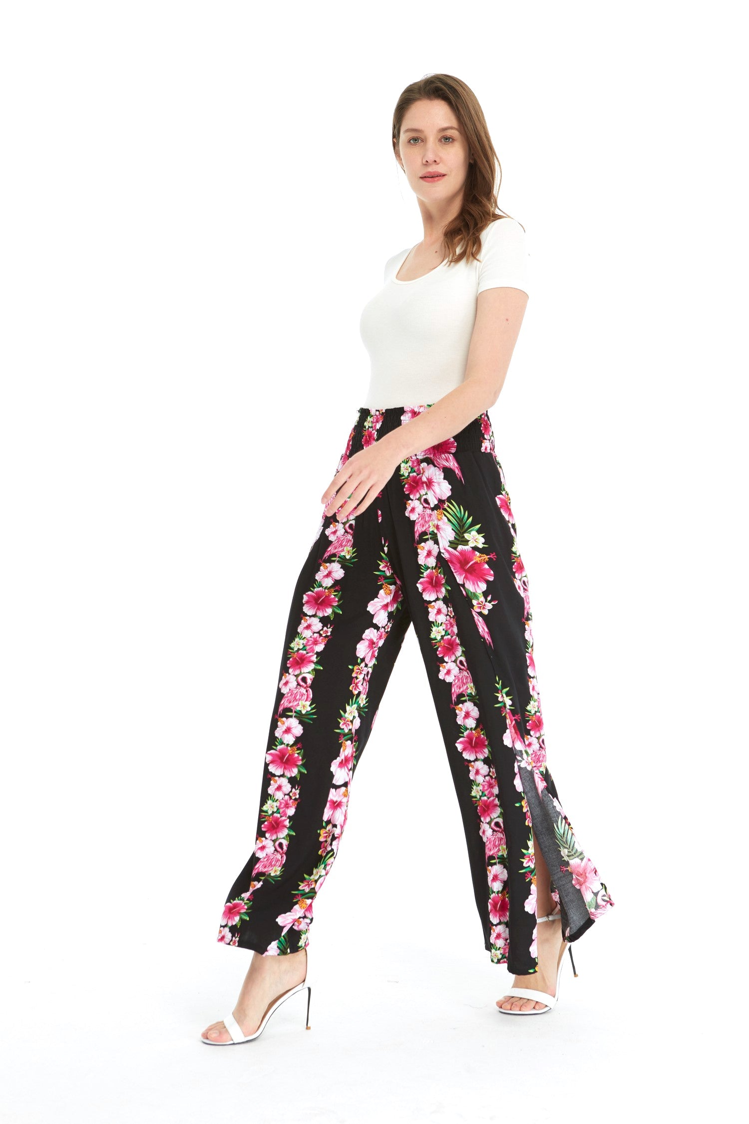 Women's High Slit Wide Leg Palazzo Pants in Pink Hibiscus Vine Black
