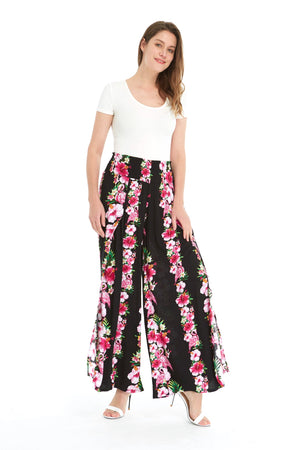 Women's High Slit Wide Leg Palazzo Pants in Pink Hibiscus Vine Black