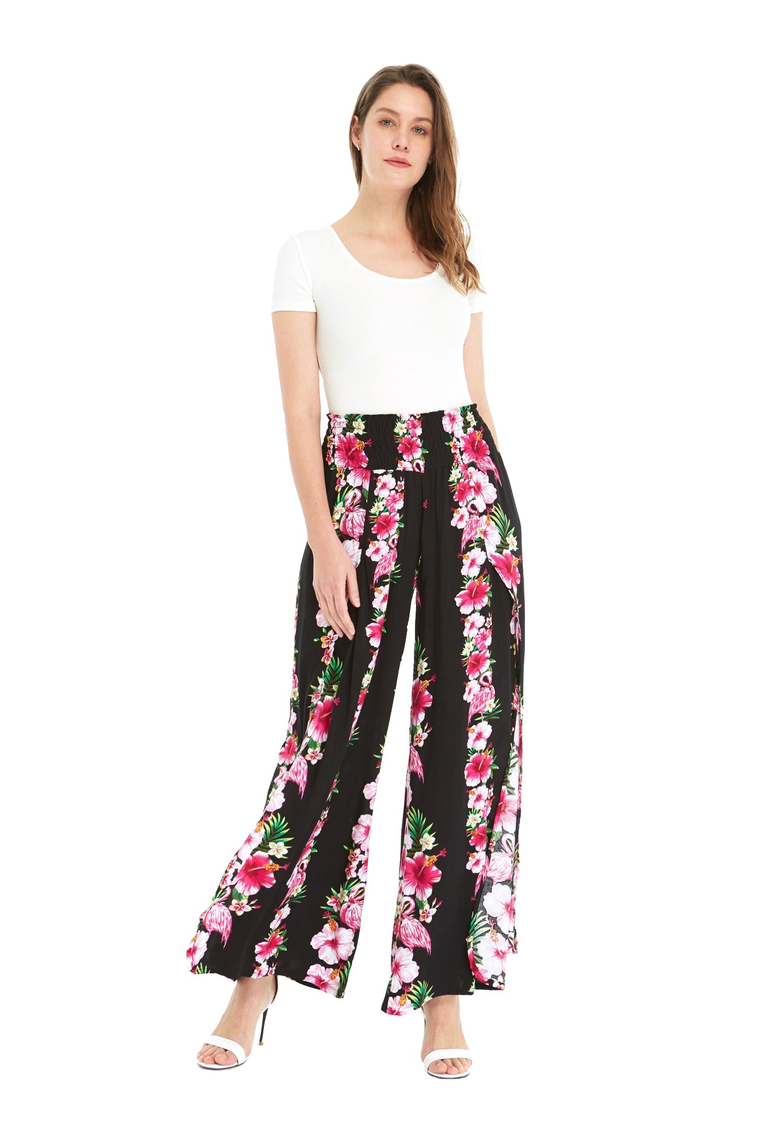 Women's High Slit Wide Leg Palazzo Pants in Pink Hibiscus Vine Black