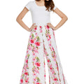 Women's Wide Leg Palazzo Pants in Pink Hibiscus Vine White