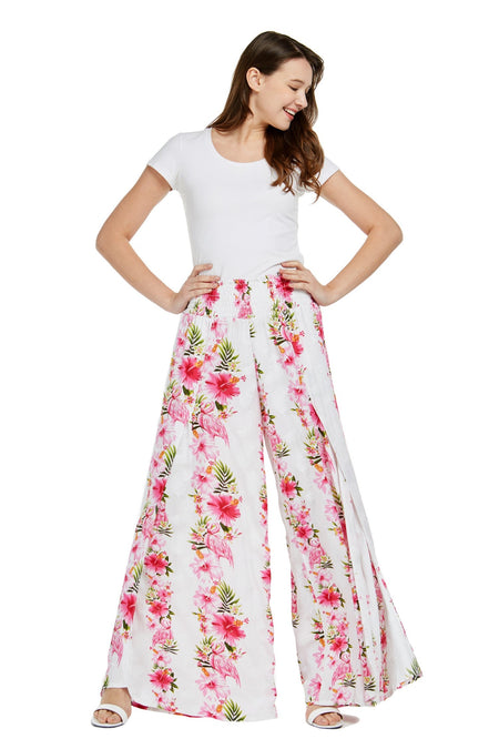 Women's Wide Leg Palazzo Pants in Pink Hibiscus Vine White
