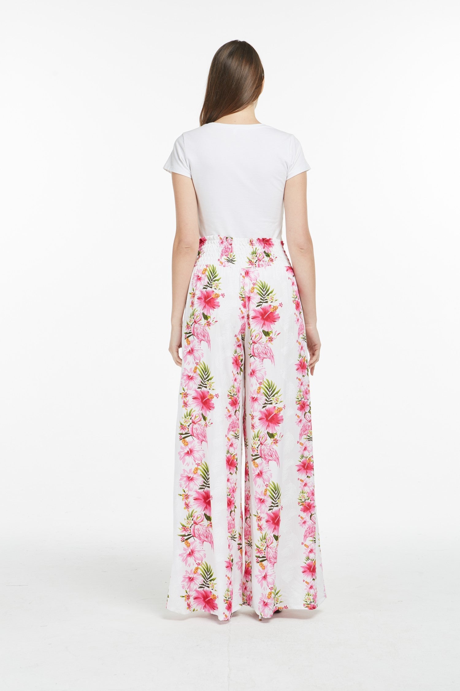 Women's Wide Leg Palazzo Pants in Pink Hibiscus Vine White