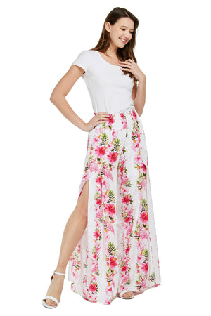 Women's Wide Leg Palazzo Pants in Pink Hibiscus Vine White