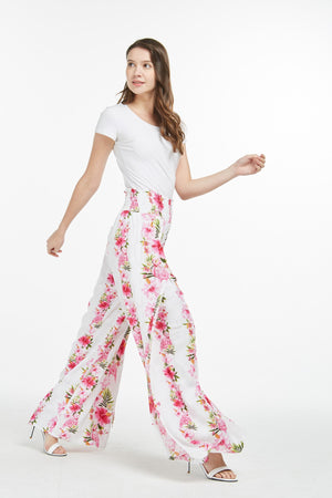 Women's Wide Leg Palazzo Pants in Pink Hibiscus Vine White