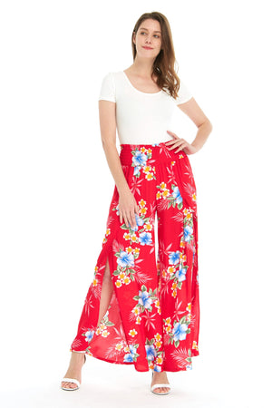 Women's High Slit Wide Leg Palazzo Pants in Hibiscus Red