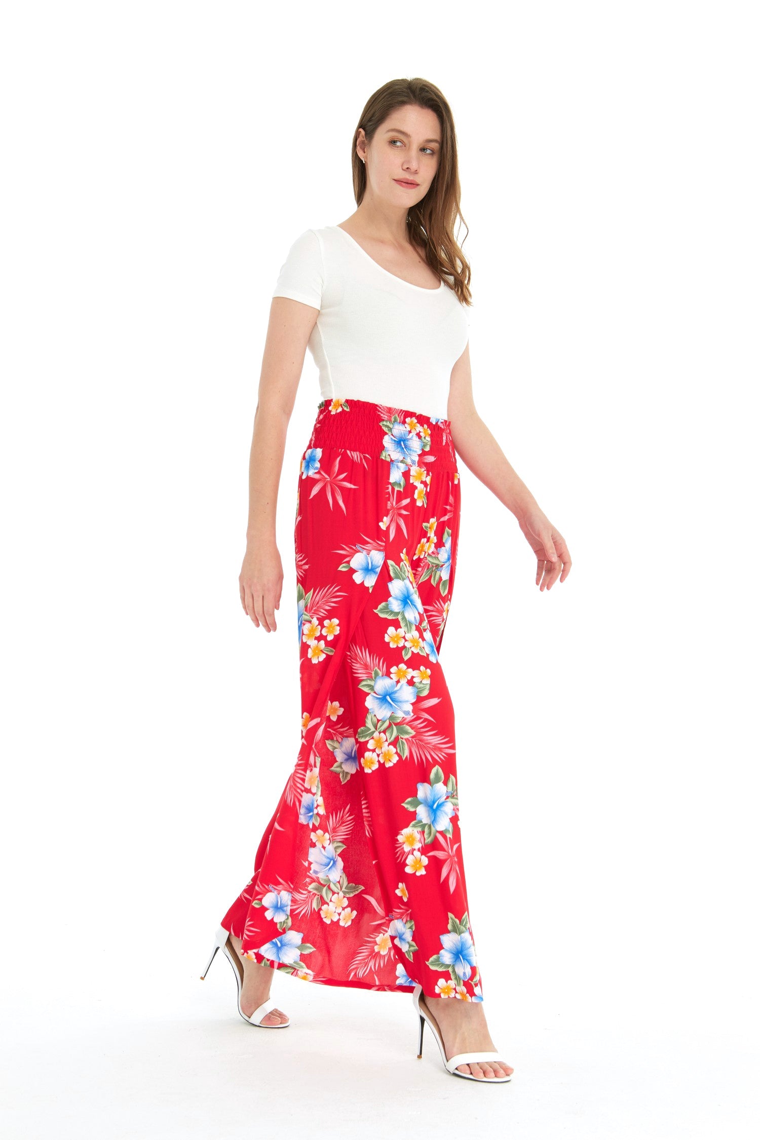 Women's High Slit Wide Leg Palazzo Pants in Hibiscus Red