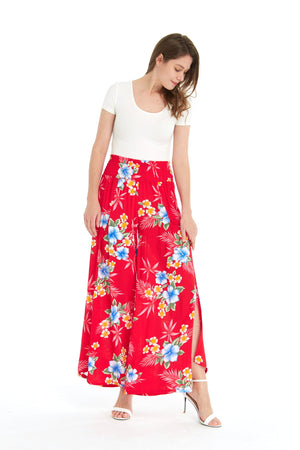 Women's High Slit Wide Leg Palazzo Pants in Hibiscus Red