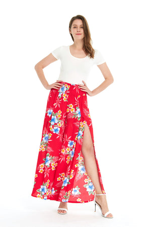 Women's High Slit Wide Leg Palazzo Pants in Hibiscus Red