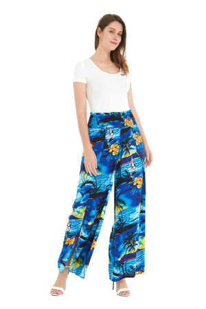 Women's High Slit Wide Leg Palazzo Pants in Sunset Blue