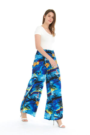 Women's High Slit Wide Leg Palazzo Pants in Sunset Blue