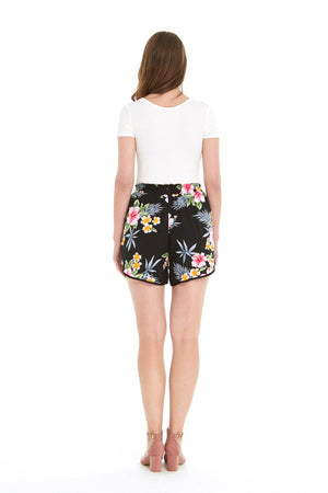 Women's Shorts with Elastic Band in Hibiscus Black