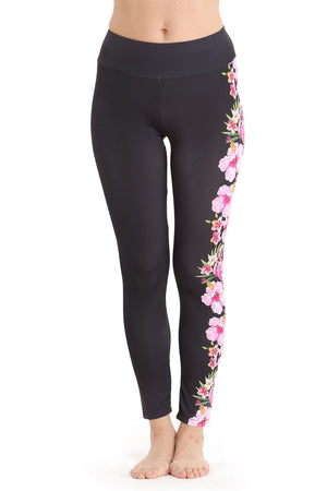 Women's Matching Tights in Pink Hibiscus Vine Black