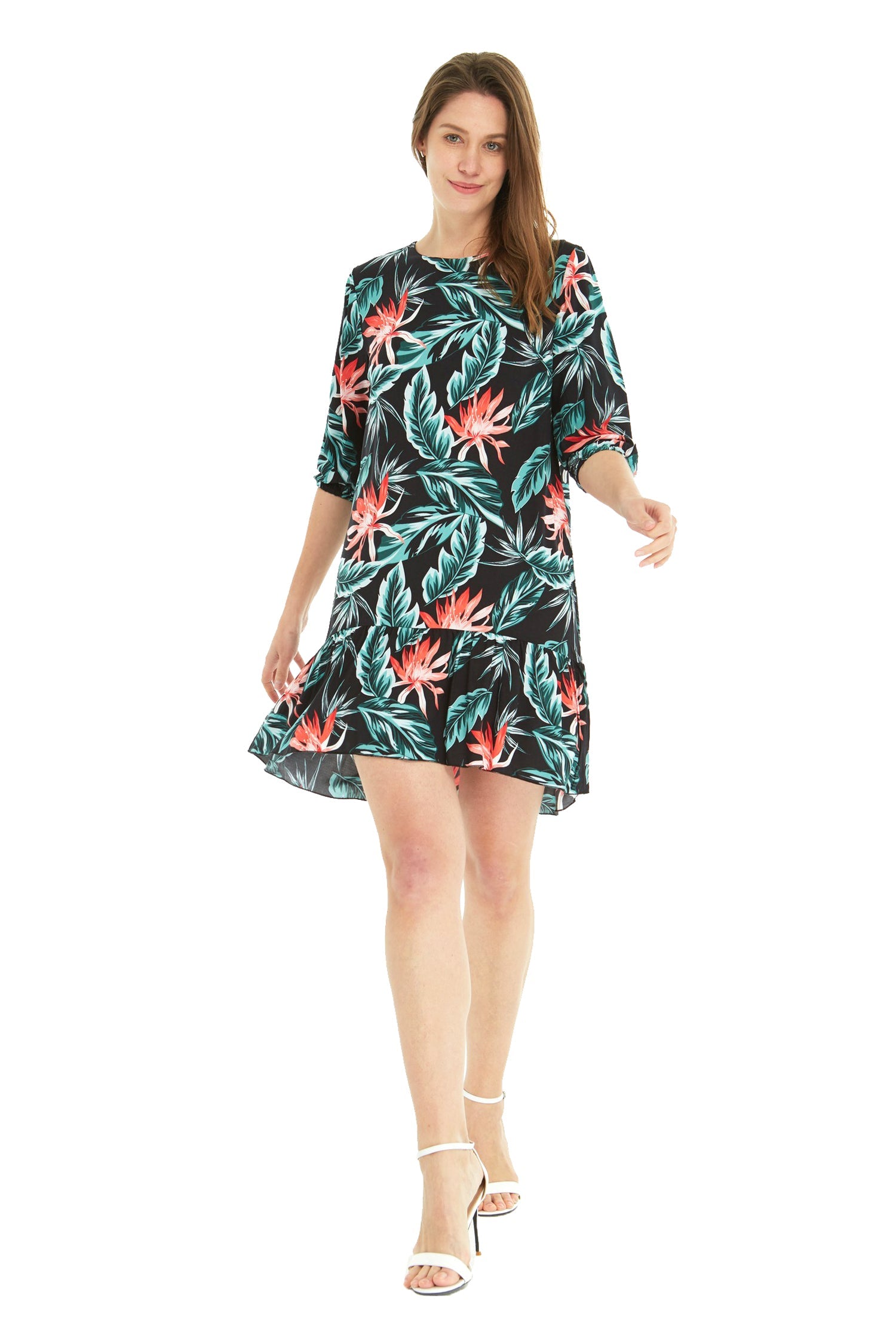 Women's 3/4 Sleeve Dress in Blooming Lily Black