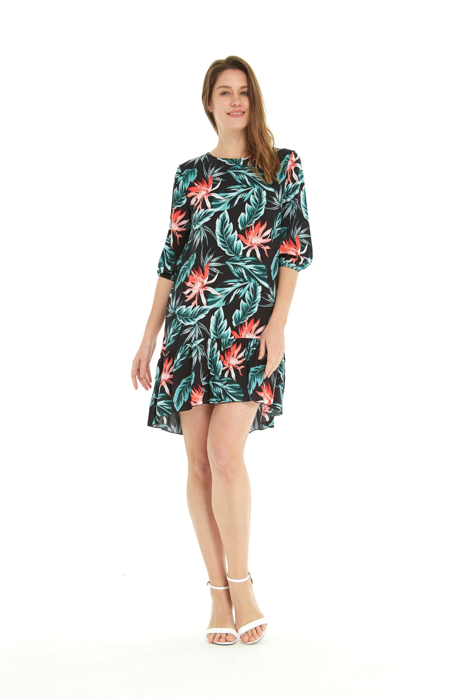 Women's 3/4 Sleeve Dress in Blooming Lily Black