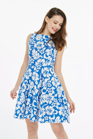 Women's Vintage Fit and Flare Dress in Vintage Hibiscus Blue