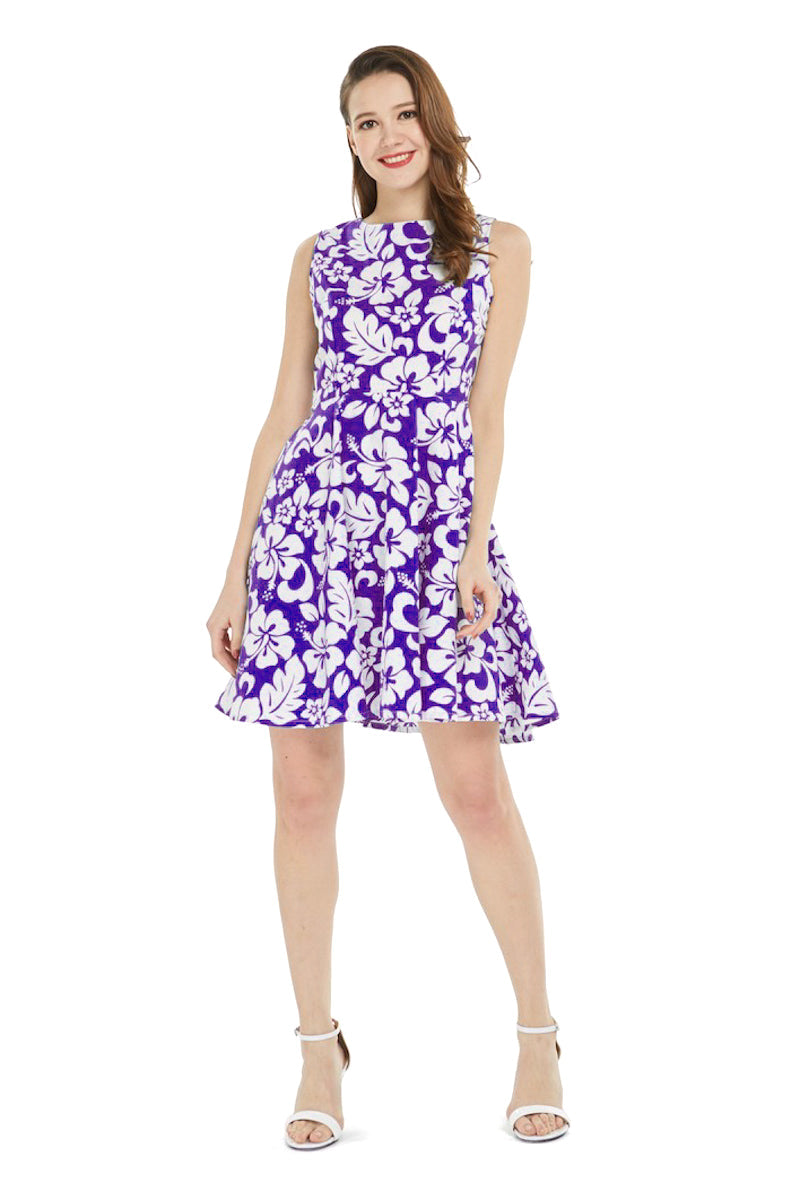 Women's Vintage Fit and Flare Dress in Vintage Hibiscus Purple