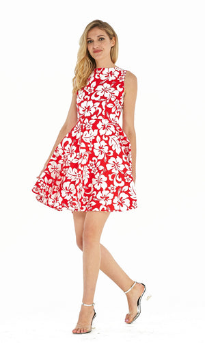 Women's Vintage Fit and Flare Dress in Vintage Hibiscus Red