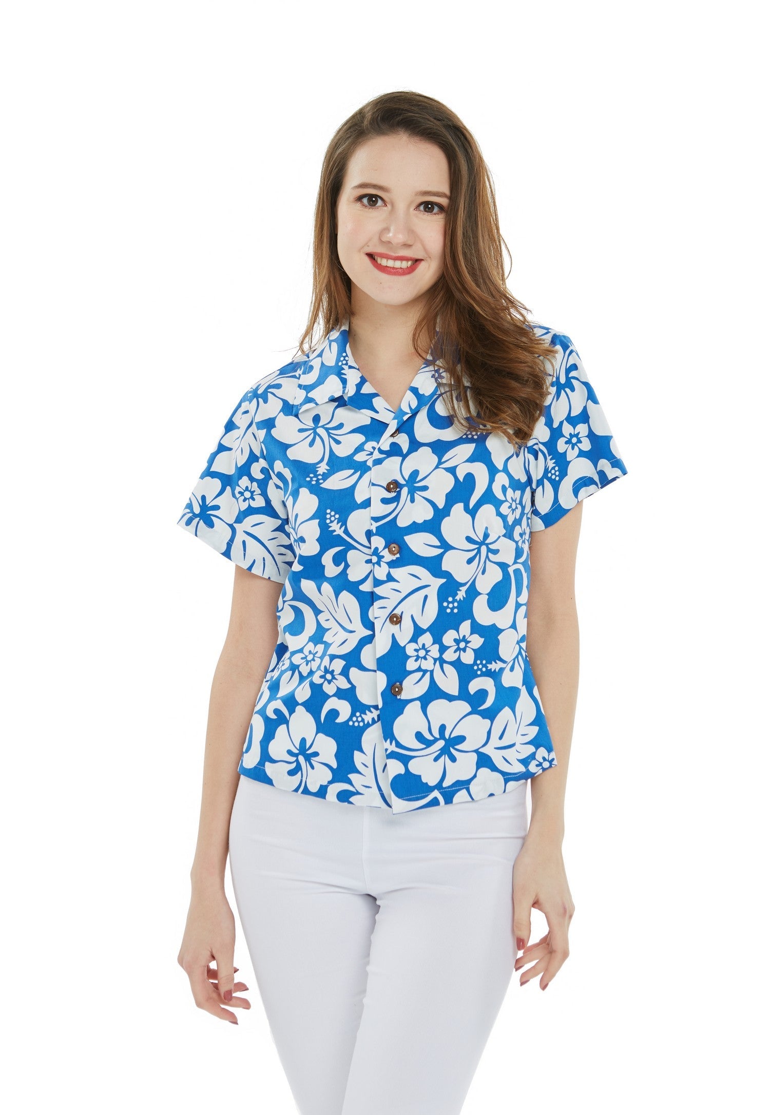 Women's Lady Aloha Shirt in Vintage Hibiscus Blue