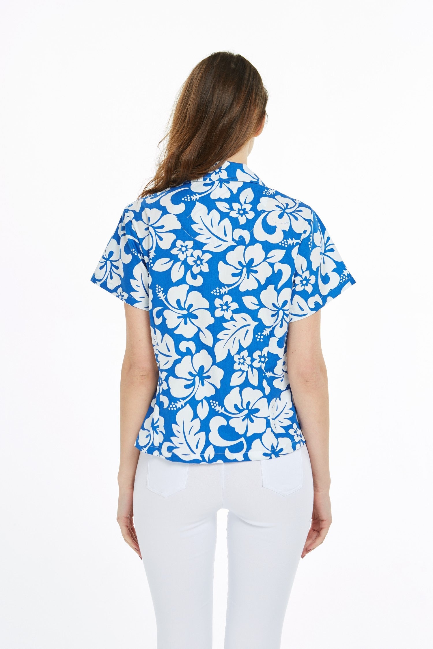 Women's Lady Aloha Shirt in Vintage Hibiscus Blue