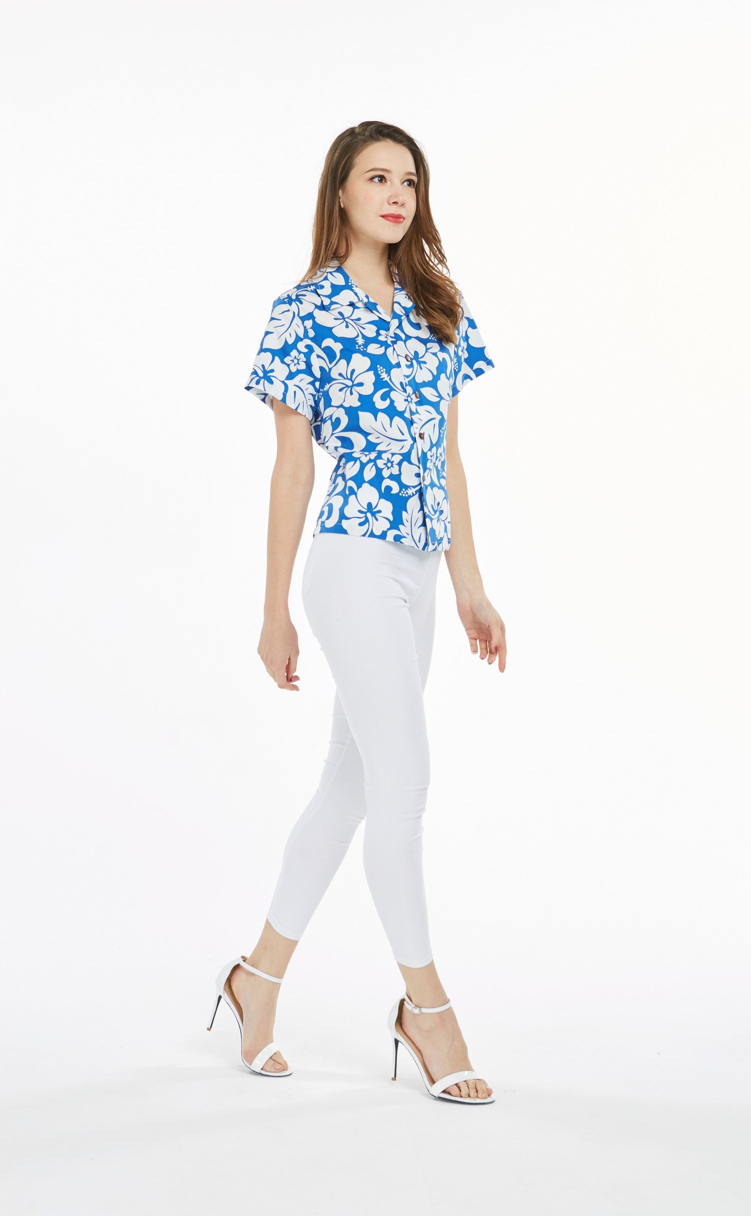 Women's Lady Aloha Shirt in Vintage Hibiscus Blue