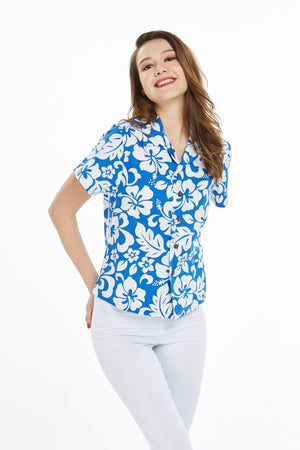 Women's Lady Aloha Shirt in Vintage Hibiscus Blue