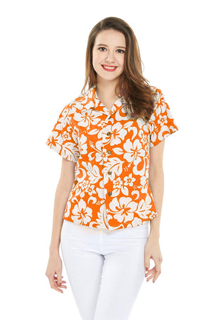 Women's Lady Aloha Shirt in Vintage Hibiscus Orange