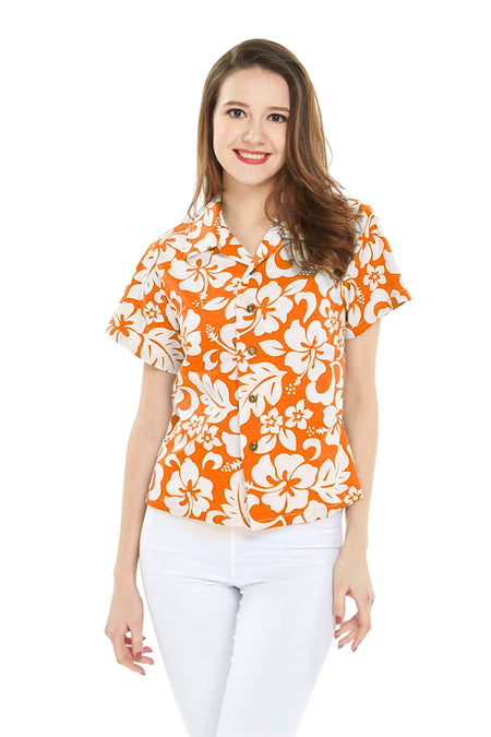Women's Lady Aloha Shirt in Vintage Hibiscus Orange