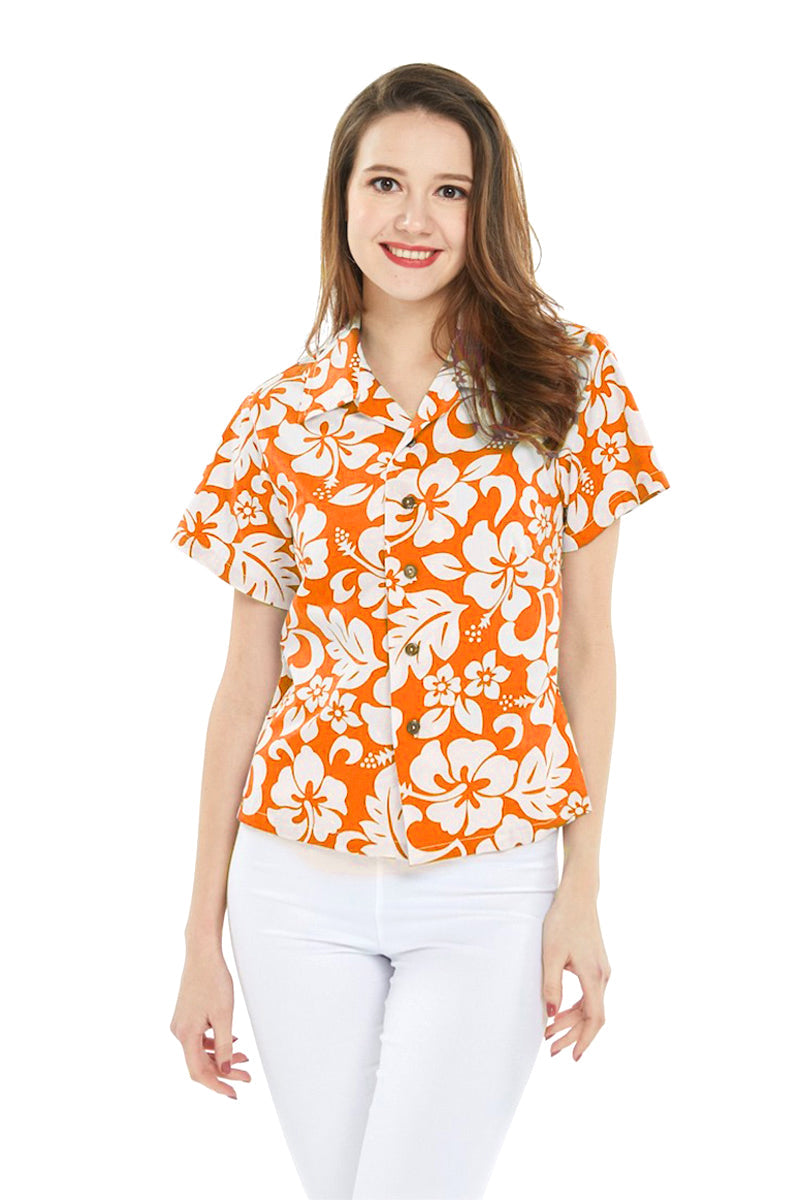 Women's Lady Aloha Shirt in Vintage Hibiscus Orange