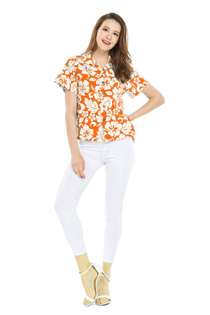 Women's Lady Aloha Shirt in Vintage Hibiscus Orange