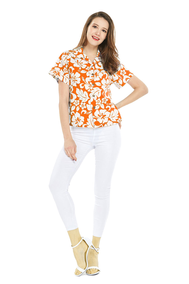Women's Lady Aloha Shirt in Vintage Hibiscus Orange