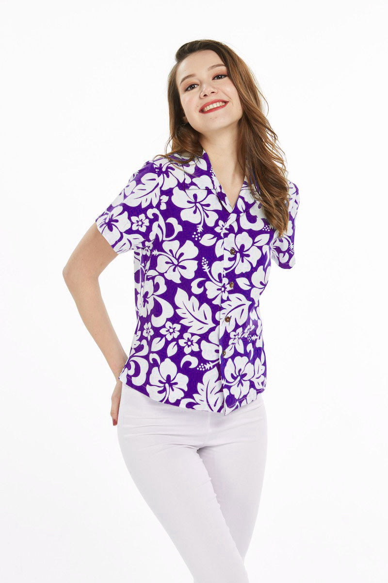 Women's Lady Aloha Shirt in Vintage Hibiscus Purple