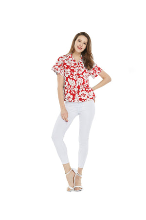 Women's Lady Aloha Shirt in Vintage Hibiscus Red
