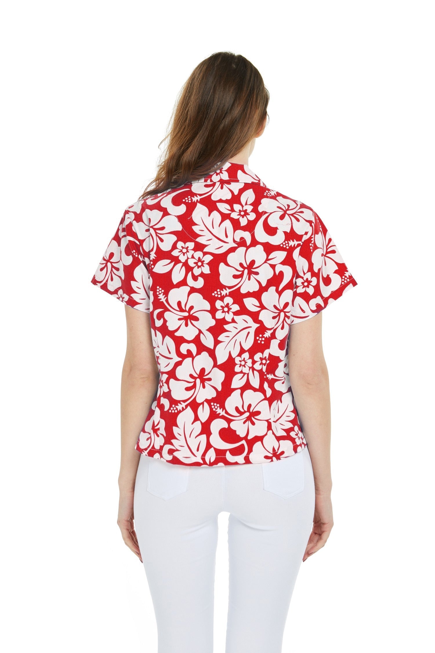Women's Lady Aloha Shirt in Vintage Hibiscus Red
