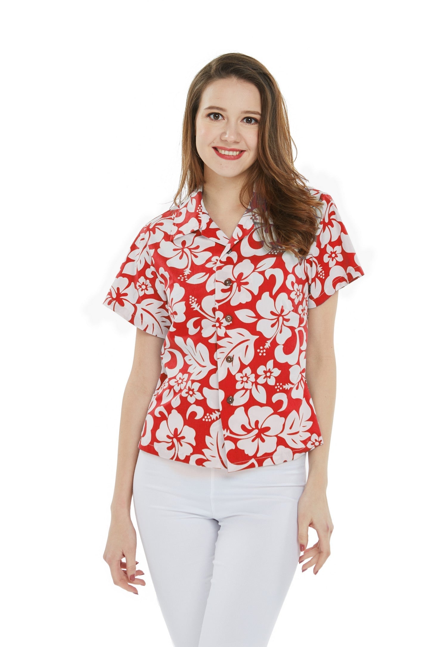 Women's Lady Aloha Shirt in Vintage Hibiscus Red