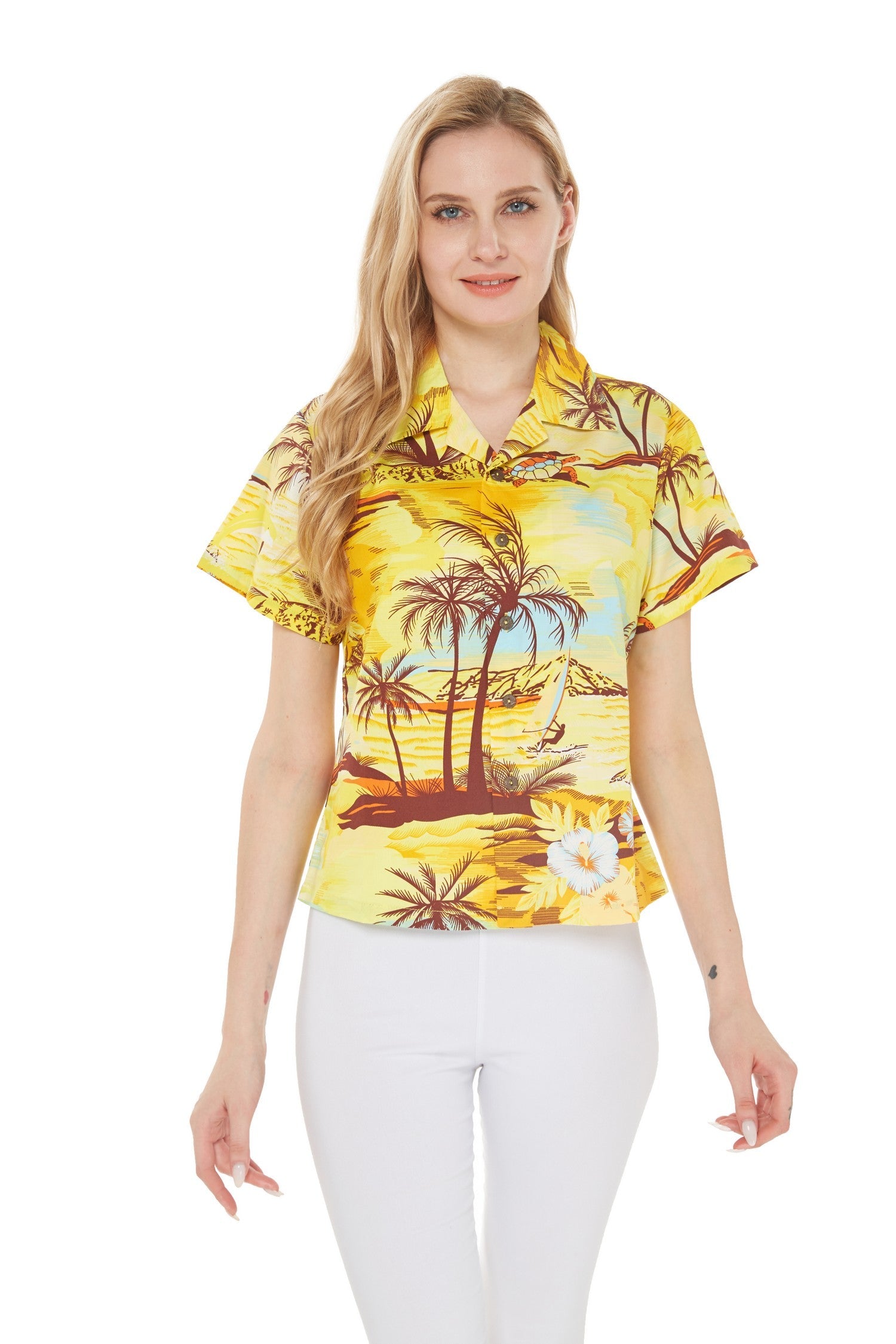 Women's Lady Aloha Shirt in Dolphin Sunset Yellow
