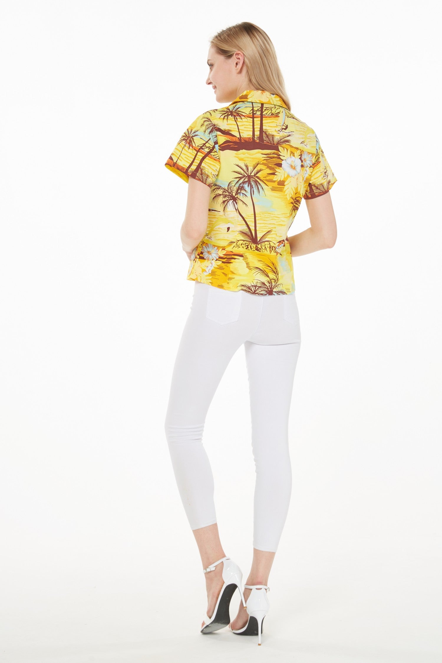 Women's Lady Aloha Shirt in Dolphin Sunset Yellow