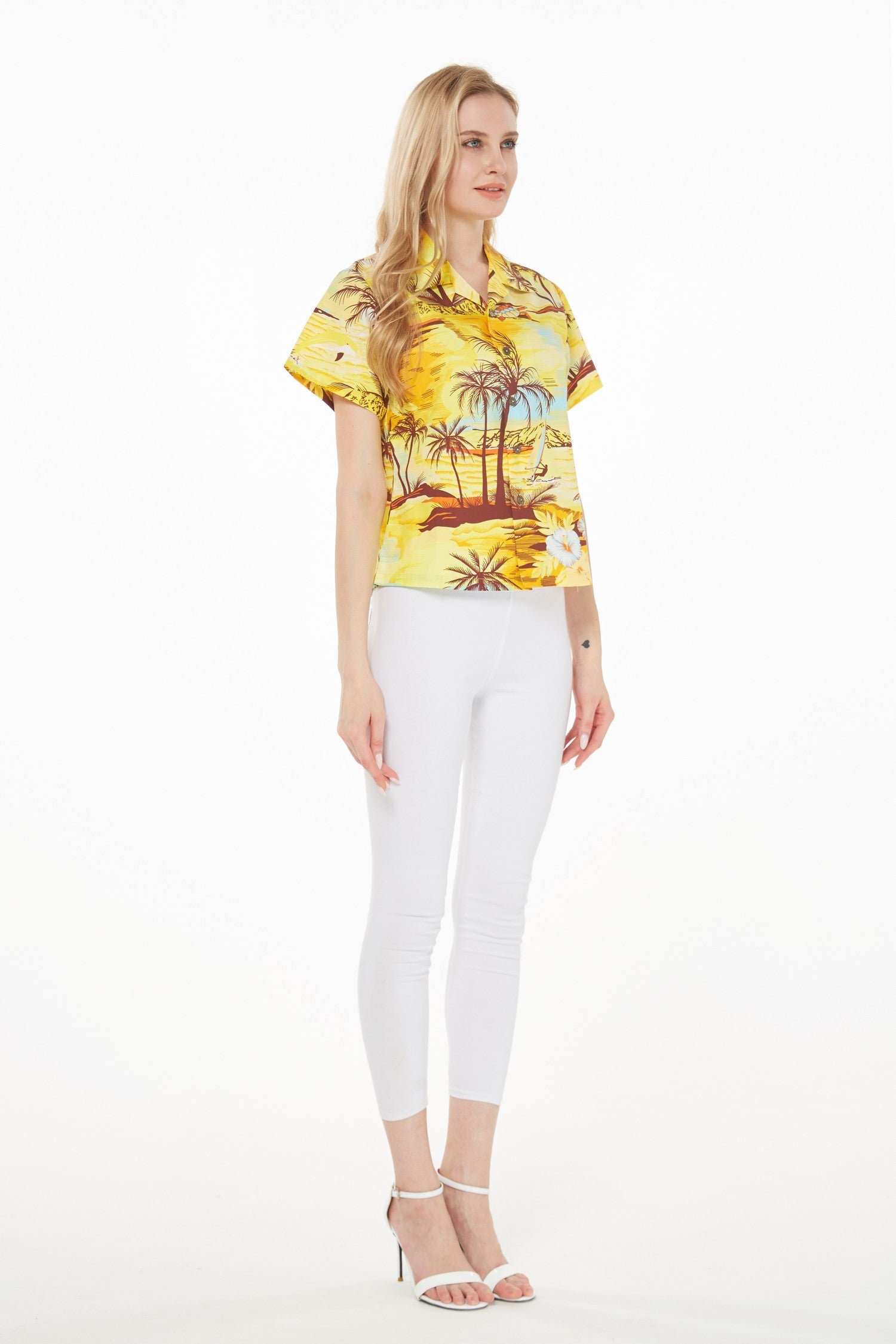 Women's Lady Aloha Shirt in Dolphin Sunset Yellow