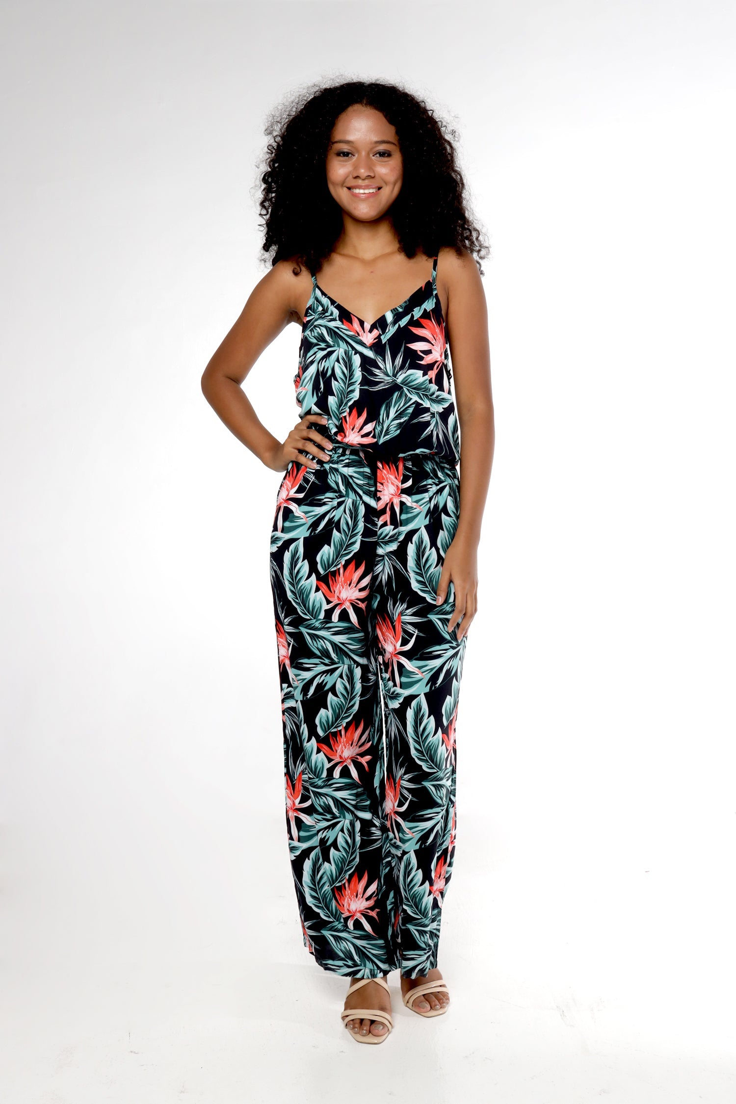 Women's Strap V with Pockets Jumpsuit in Blooming Lily Black