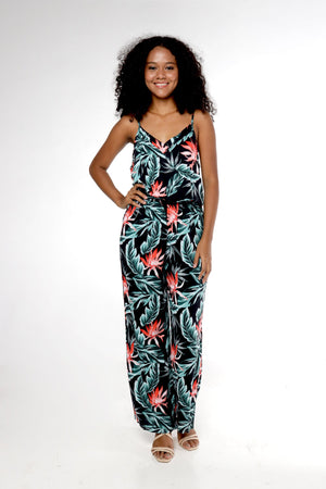Women's Strap V with Pockets Jumpsuit in Blooming Lily Black