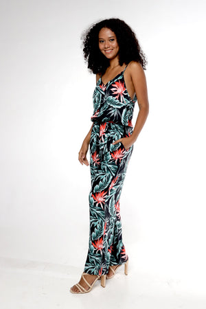Women's Strap V with Pockets Jumpsuit in Blooming Lily Black