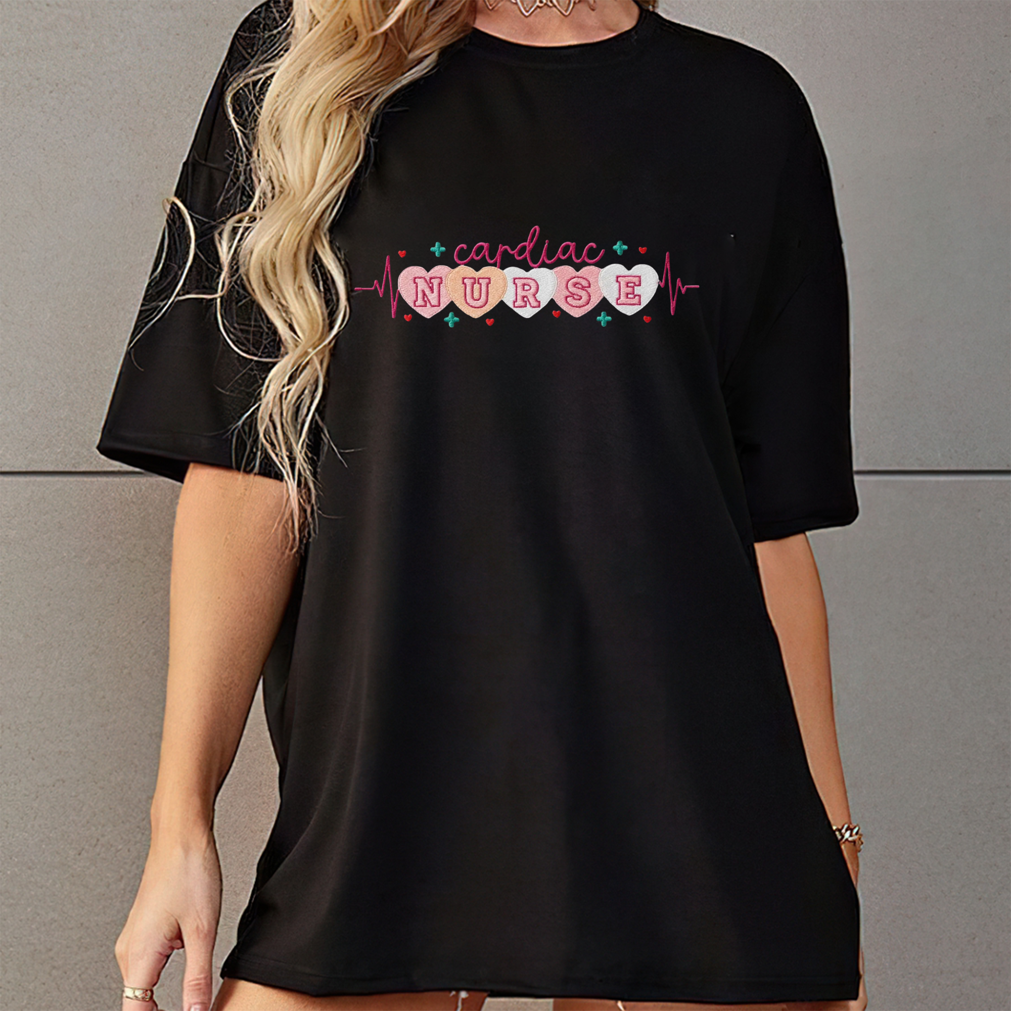 Nurse Valentine Heart Machine Embroidery T-Shirt