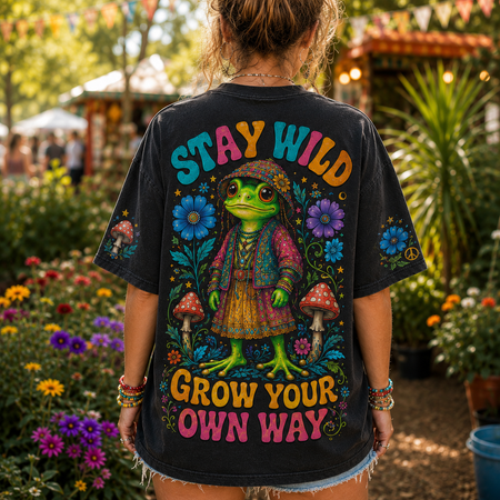 Stay Wild Grow Your Own Way Hippie Frog All Over Print T-Shirt